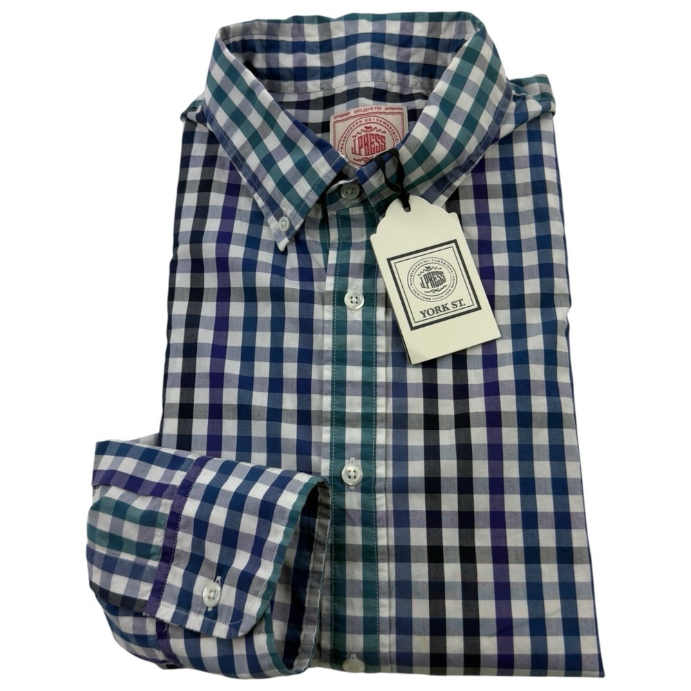 J.Press York St. Sportshirt Blue Green Purple Gingham Button Down Mens Large NWT